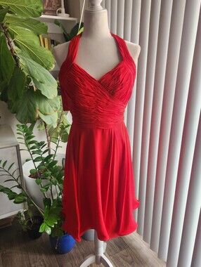 Nipon Boutique Vintage Red Halter Cocktail Swing Midi Dress with Ruched Bodice